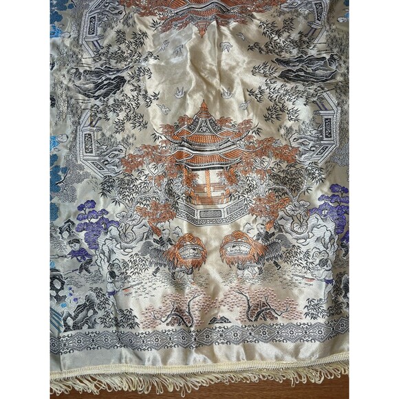 Vintage Chinese Silk Embroidered Tapestry 36" Square Pagoda Dragon Lion Dance - Picture 7 of 11